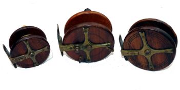 REELS: (3) Collection of 3 early mahogany/brass fish tail Nottingham reels, 4" example with bone