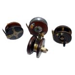 REELS: (4) Slater pattern mahogany star back reel, Brighton Fishing Stores gilt transfer to drum