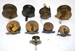 REELS: (9) Collection of 9 brass crank wind reels, in sizes 1.25" to 2.75" incl. 3 Allcock named