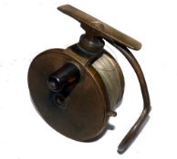 REEL: Malloch of Perth all brass side casting reel, 4" across backplate, reversible drum, ratchet on