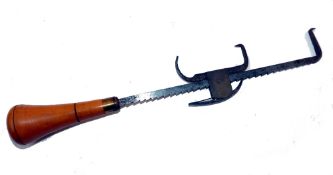 PIKE GAG: Rare Victorian Jardine style ratchet pike gag in steel  and brass with turned treen wood