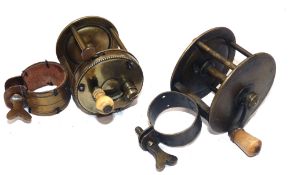 REELS: (2) Early collar fitting brass multiplying pin stop winch, 1.75"x2", insized rings to front