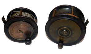 REELS: (2) Early E Paton of Perth Scottish pattern wide drum salmon fly reel, laburnum wood with