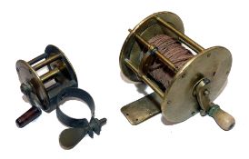 REELS: (2) Early sliding pin lock stop brass winch, 2.25" diameter, 1.7" wide, curved crank arm with