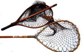 LANDING NETS: (2) Early pear shaped wood framed Badminton style landing net, original waxed mesh,