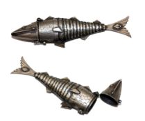 ACCESSORY: Decorative Indian silver articulated fish shaped condiment holder, 5" long, hinged