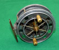 REEL: Early Allcock 3.5" diameter alloy Centrepin reel, 65 spoke with tension regulator, twin crazed