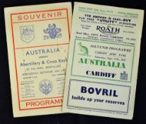 1947 Australia Rugby Tour to UK Welsh programmes to incl v Abertillery & Cross Keys played 24th