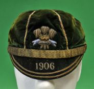 1906 Wales International green velvet cap - with gold braid trim, prince of wales feathers -
