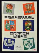 1974 British Lions v Transvaal rugby programme played 15th June at Ellis Park, the Lions winning