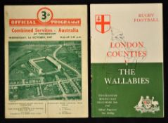 1947 Australia Rugby Tour to UK Welsh programmes to incl v London Counties played 26th December at