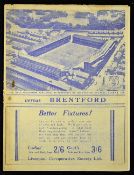 Pre-war football programme 1938/39 Everton v Brentford, Division 1 match at Goodison Park. Slight