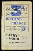 1947 Ireland v France rugby programme played 25th January at Lansdowne Road, Ireland losing 8-12,