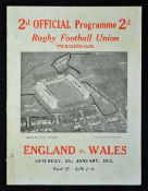 1933 England v Wales rugby programme played 21st January at Twickenham, first victory at