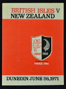 1971 British Lions v New Zealand rugby programme 1st Test played 26th June at Dunedin, British Lions