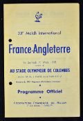 1958 France v England rugby programme played 1st March at Colombes, Paris, single sheet with holes