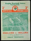 1939 England v Ireland rugby programme played 11th February at Twickenham, Ireland winning 5-0 and