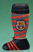 Barcelona FC presentation "Boot" Gift Bottle Holder; the leg is covered in the clubs colours with