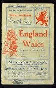 1924 Wales vs England rugby programme - played at St Helens Swansea 19th January England winning