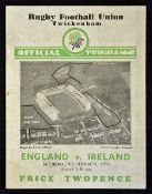 1935 England v Ireland rugby programme played 9th February at Twickenham, England winning 14-3,