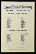 Scarce Cardiff City 1957 Public Trial dated 17 August 1957 at Ninian Park. Covers two games, both