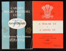 2x 1950s British Lions rugby programmes to incl 1955 British Lions XV v Welsh XV rugby programme -