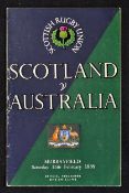 1957/58 Scotland vs Australia rugby programme played at Murrayfield on Saturday 15th February (8-12)