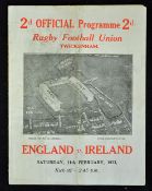 1933 England v Ireland rugby programme played 11th February at Twickenham, England winning 17-6,