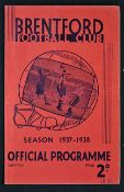 Pre-war football programme 1937/1938 Brentford v Manchester Utd FA Cup match at Griffin Park. Slight