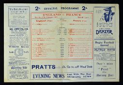 1926 England v France rugby programme played 27th February at Twickenham, England winning 11-0,