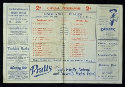 1927 England v Wales rugby programme played 15th January at Twickenham, England winning 11-9, with