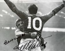 Geoff Hurst signed black and white print in England colours 'Best Wishes', overall 42 x 37cm, mfg.