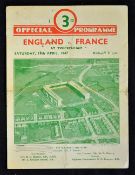 1947 England  v France rugby programme played 19th April at Twickenham, single sheet, heavy folds,