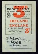 1949 Ireland (Champions) v England rugby programme played 12th February at Lansdowne Road, Ireland