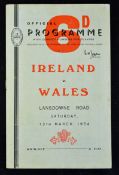 1954 Ireland v Wales rugby programme played 13th March at Lansdowne Road, scores internally in