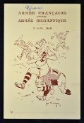 1949 France Army vs British Army rugby dinner menu with an amusing rugby scene to the covers by