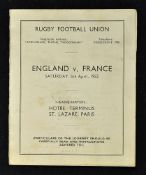 1952 England (Runners up) rugby itinerary to France the match be played in France on Saturday 5th