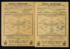 War-time football programmes Tottenham Hotspur v West Ham Utd 1944/1945 26 August 1944 and 3 March