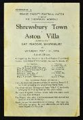 1946 Charity Football match programme Shrewsbury Town v Aston Villa at Gay Meadow, 11 May 1946.