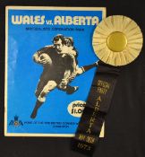 Rare 1973 Alberta v Wales signed rugby programme and rosette played at Coronation Park on 30th