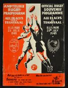 1949 New Zealand Rugby Tour of South Africa Souvenir Programme - v Transvaal played 23rd July at