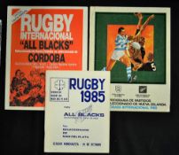 1985 New Zealand Tour of South America rugby programmes including Cordoba 22nd Oct, Mar Del Plata