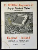 1931 England v Ireland rugby programme played 14th February at Twickenham, once again Ireland