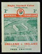 1937 England v Ireland rugby programme played 13th February at Twickenham, England narrowly
