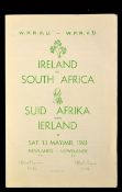 Rare 1961 South Africa Rugby v Ireland  programme played on 13th May at Cape Town, single folded