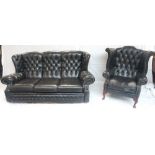 BLACK LEATHER WING-BACK CHESTERFIELD THR