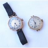 TWO 1920's LADIES NINE CARAT GOLD CASED WRISTWATCHES
one with Swiss 15 jewels movement and fabric