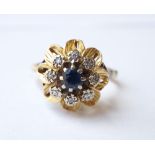 SAPPHIRE AND DIAMOND CLUSTER RING
the central sapphire and eight surrounding diamonds in flower