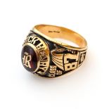 GEM SET TEN CARAT GOLD COLLEGE RING
for Patrick Henry High, with motif and motto decoration,