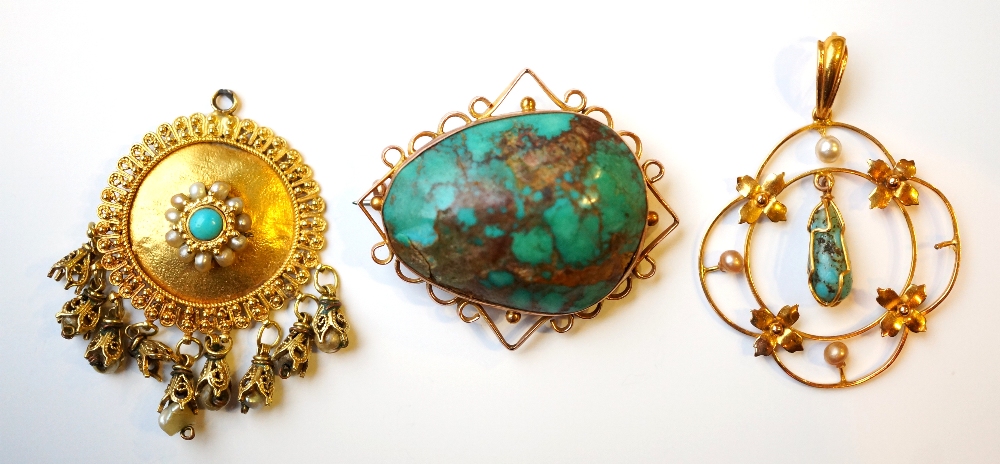 THREE PIECES OF TURQUOISE AND SEED PEARL JEWELLERY
comprising two pendants,